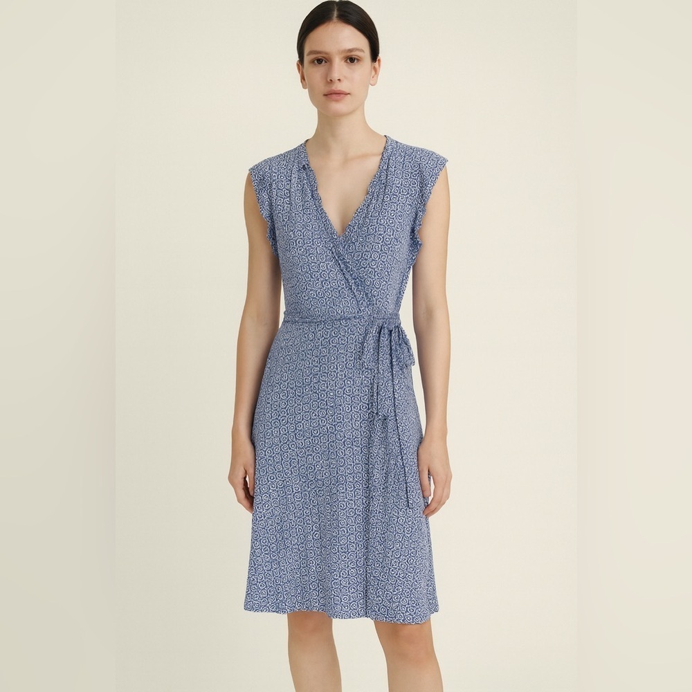 BODEN Ruffle Fixed Wrap Jersey Bluebell Geo Printed Stretch Knit Belted Dress